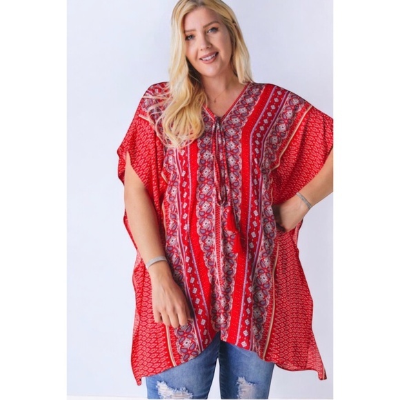 DAVI & DANI Red Boho Print V Neck Short Sleeve Tunic Top - Picture 2 of 6